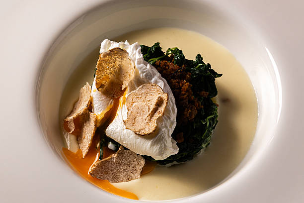 Gourmet Poached Egg with Truffle Spinach and Meat in Fine Dining Bowl