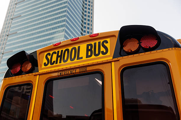 istock Yellow school bus parked at school entrance 2244204431