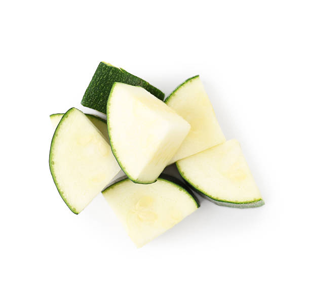 istock Pieces of fresh zucchini isolated on white, top view 2244206595