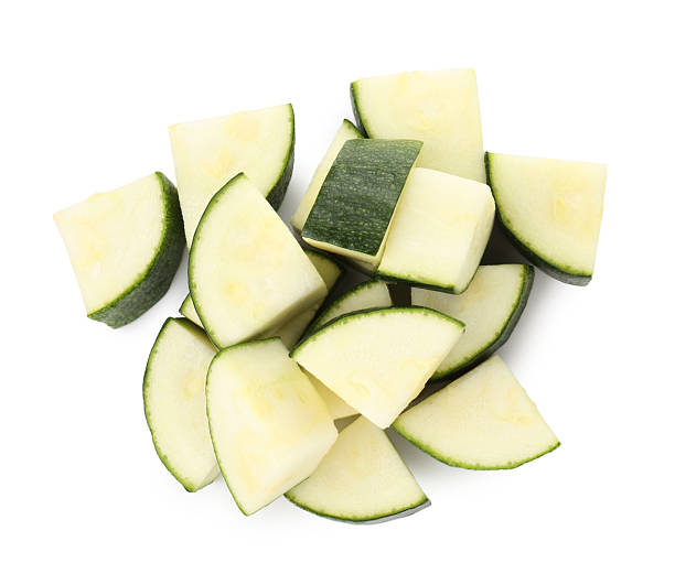 istock Pieces of fresh zucchini isolated on white, top view 2244206646