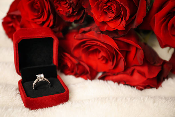 istock Dreams come true. Beautiful engagement ring in box and flowers on light plaid, closeup 2244207540