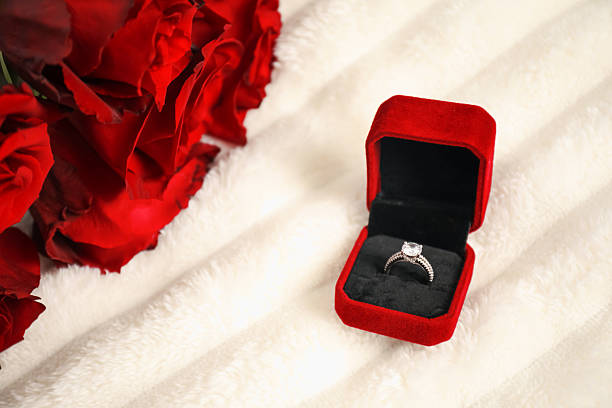 istock Dreams come true. Beautiful engagement ring in box and flowers on light plaid, closeup 2244207698