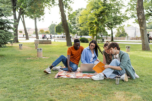 istock Diverse young adults studying collaborating on laptop outdoors 2244210397