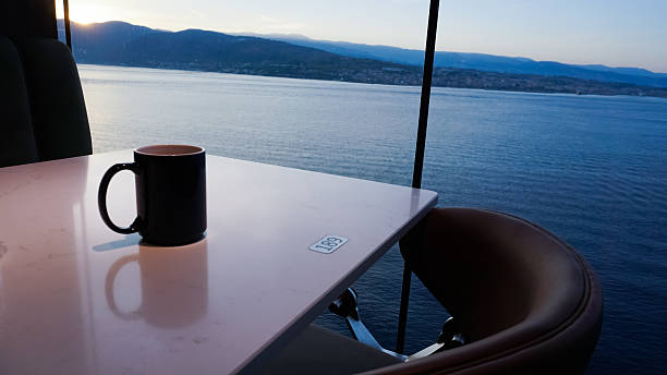 Dining Room Buffet aboard the abstract luxury cruise ship. Healthy food at modern liner concept - empty table