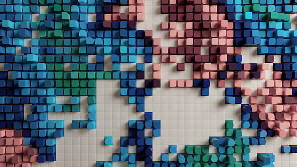 A dynamic abstract composition featuring a mosaic of small, rounded cubes in blue, green, pink, and cream tones. The image evokes modern digital art, texture, and geometric harmony suitable for creative projects.