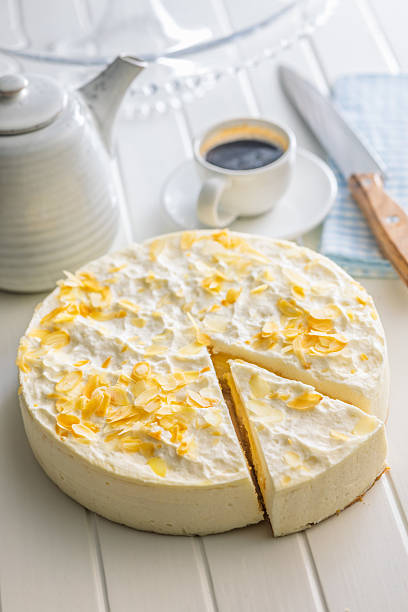 istock Sweet creamy cake on white table. 2244219696