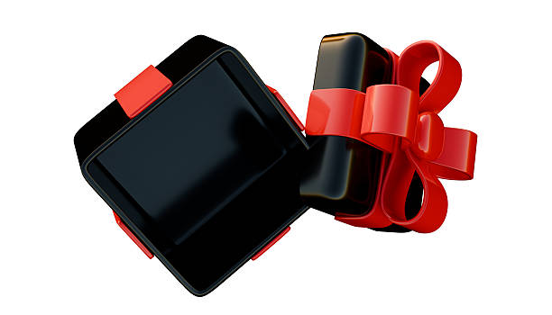 Modern 3D render of a black gift box with a shiny red ribbon bow, symbolizing luxury, celebration, and holiday gifting. Perfect for marketing, branding, and festive visuals.