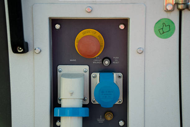 istock Electrical control panel with emergency stop button, circuit breaker and industrial power connectors showing safety interface and mains connection system for equipment operation 2244229330