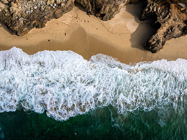 Top-down aerial view of waves rolling onto a golden sandy beach in Big Sur, California. Contrast between turquoise water and beach sand on a calm sunny day.