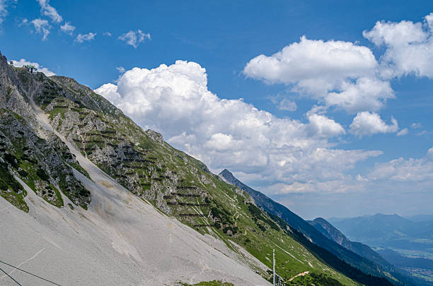 View of a snow bridge (avalanche barrier or avalanche fence) in the Austrian Alps