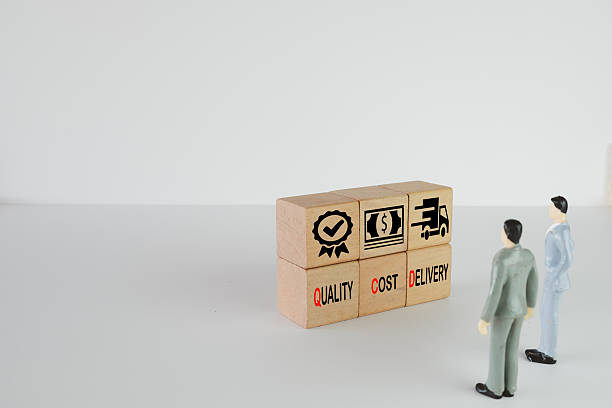 istock QCD Concept: Miniature Businessmen Analyzing Quality, Cost, and Delivery Blocks 2244256727
