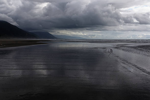 Stormy clouds reflected on a wet beach