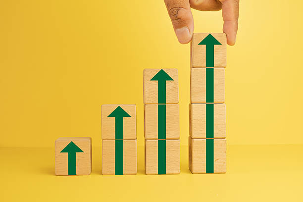 istock Business Growth and Development: Hand stacking blocks to build a rising bar chart. 2244263878