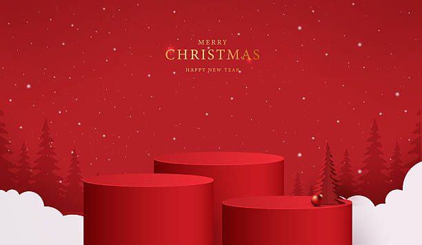 istock Podium shape for show cosmetic product display for christmas day or new years. Stand product showcase on red background with lighting christmas. vector design. 2244265783