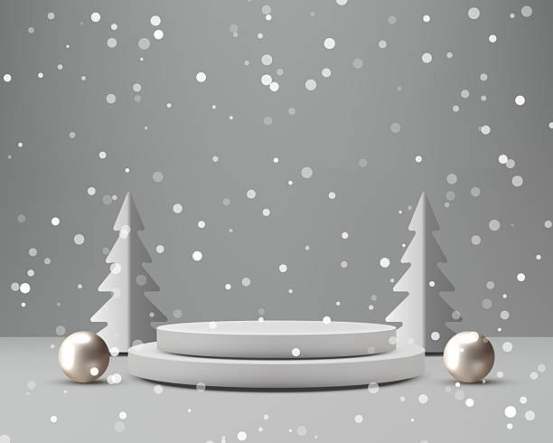 istock Winter Christmas Product Display Podium Mockup Elegant White Pedestal with Snow and Gold Spheres on Clean Gray Background 2244267028
