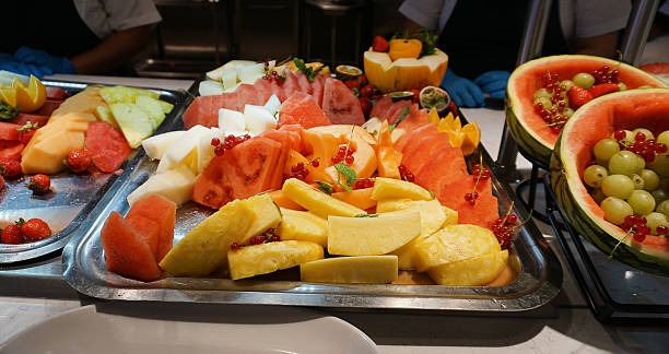 istock Dining Room Buffet aboard the abstract luxury cruise ship. Healthy breakfast at modern liner concept 2244267942