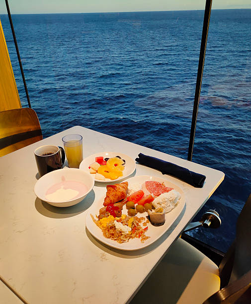 istock Dining Room Buffet aboard the abstract luxury cruise ship. Healthy breakfast at modern liner concept 2244268939