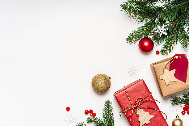 istock Flat lay eco Christmas gifts with pine branches, copy space 2244270420