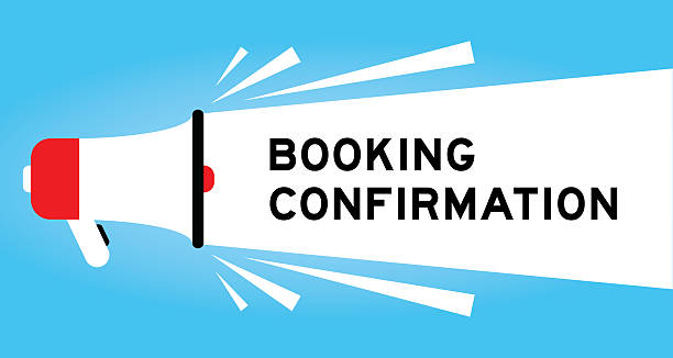 istock Color megaphone icon with word booking confirmation in white banner on blue background 2244271670