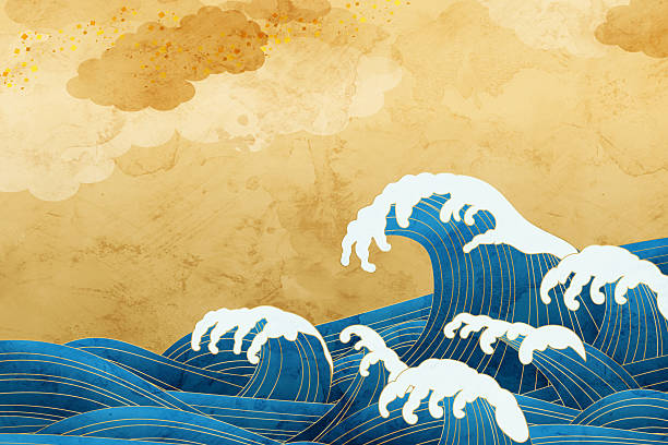 Vibrant waves and golden Japanese pattern, New Year background., Japanese style