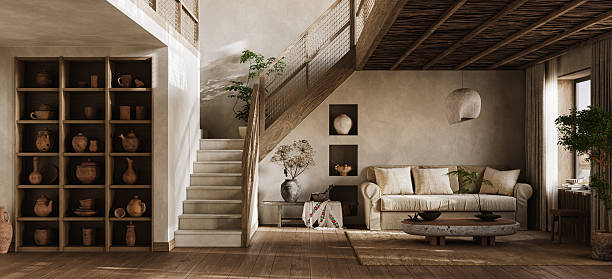 istock Warm Rustic Living Room Interior with Wooden Ceiling, Ceramic Decor, and Natural Earth Tones, 3d rendering 2244272955
