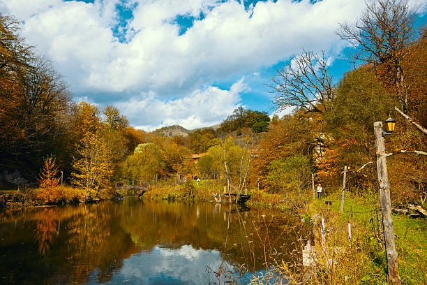 A beautiful autumn day with a lake in the background. The sky is cloudy, but the sun is still shining through. The trees are full of leaves, and the water is calm. The scene is peaceful and serene