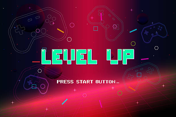 istock LEVEL UP. pixel art. 8 bit game. Retro Futurism Sci-Fi Background. glowing neon grid and stars from vintage arcade computer games 2244279902