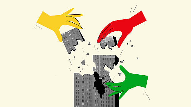 Digital artwork. Giant colorful hands breaking skyscraper into falling fragments on light background. Concept of teamwork challenges, construction strategy, business risk, and creative disruption.
