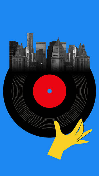 istock Graphic composition. Yellow hand holding vinyl record merging with city skyline on blue background 2244280895