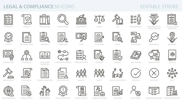 illustrazioni stock, clip art, cartoni animati e icone di tendenza di set di icone legali e di conformità. icone di legge, audit, privacy dei dati, governance delle politiche, normative, regolamenti. - ispezione contabile