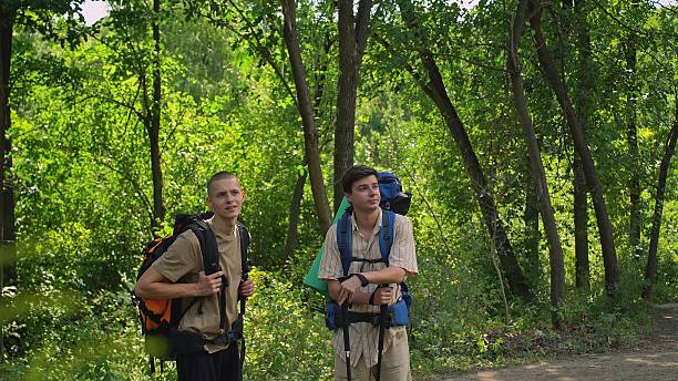 istock Young Travelers Exploring Forest with Backpacks 2244284452