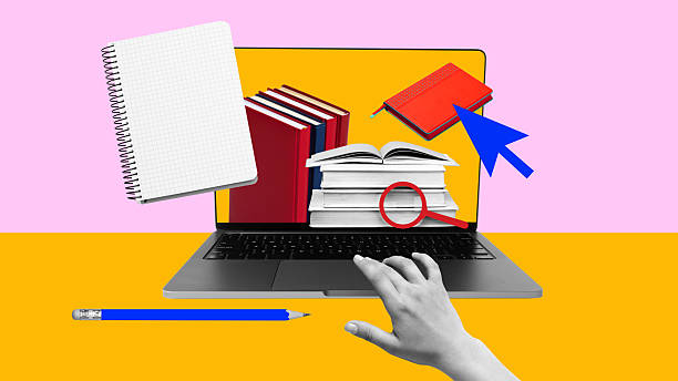 istock Colorful collage. Digital education tools with books notebook and magnifier emerging from laptop 2244293508