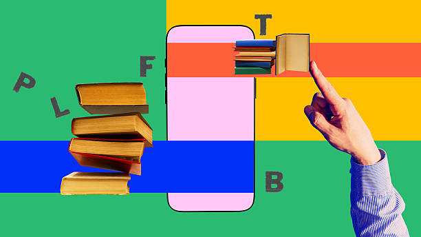 istock Creative collage. Hand pointing at floating books and smartphone with colorful background stripes 2244293519