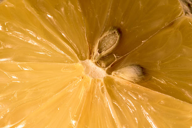 A vibrant macro shot reveals the intricate details inside a lemon slice, showcasing its juicy pulp and seeds. The image captures the bright yellow color and texture, evoking a sense of freshness and natural beauty. Use this detailed close-up for food, health, or abstract designs.