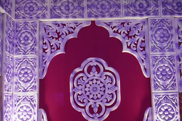 Ornate Wall Panel with Purple Floral Medallion and Red Background