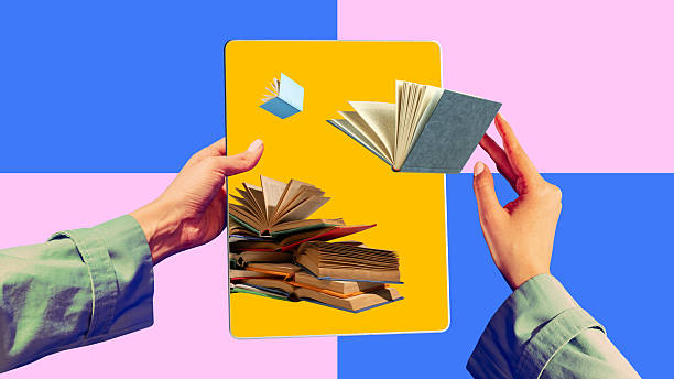 istock Poster with hands holding tablet with flying books on colorful abstract background 2244302941