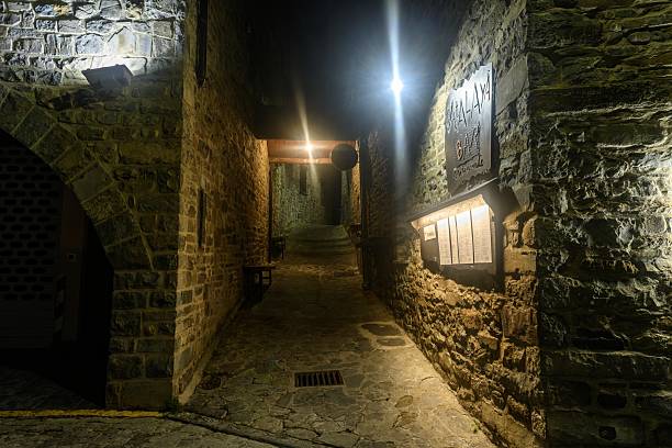 istock Charming stone alley at night with bright lights in Torla - Huesca 2244310445