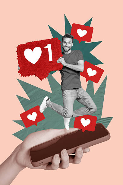 istock Trend artwork poster composite sketch image collage of hand hold big smartphone young guy smile jump app blogger smm strategy network like 2244314843