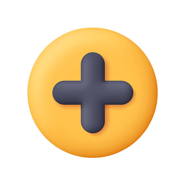 istock Black plus or medical cross on yellow circle button. Medicine, healthcare, user interface and technology concept. 3d vector icon. Cartoon minimal style. 2244317117