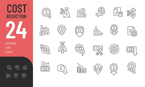 illustrations, cliparts, dessins animés et icônes de ligne de réduction des coûts ensemble d’icônes modifiables. - dépense