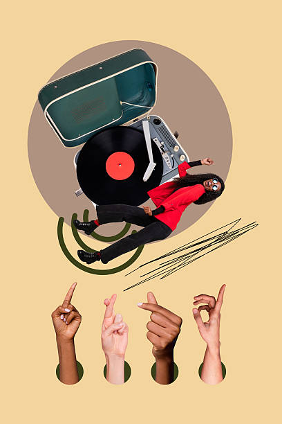 istock Collage with funky person dancing on vinyl record player diverse hands showing expressive finger gestures 2244317338