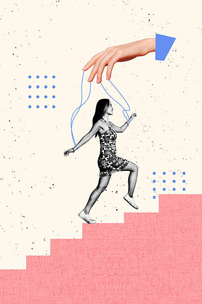 istock Composite sketch image design trend artwork collage of young lady step up ladder career promotion huge size hand hold rope command 2244318314