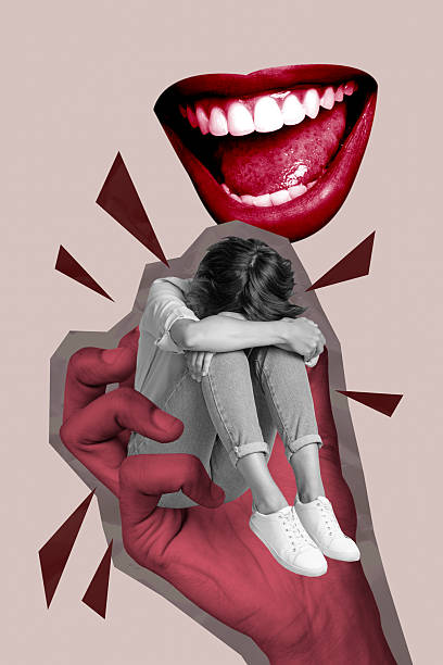 istock Creative design composite trend artwork collage of huge mouth laugh young lady sit down cover face bully gossip whispering critic mockery 2244319844