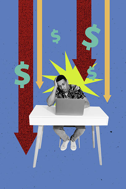 istock Pop sketch 3d image artwork collage of upset businessman man sit table workplace arrow decline statistics laptop supply crisis 2244319852