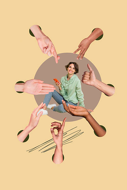 istock Collage showing glamorous man woman surrounded by pointing gesturing hands symbolizing attention and social phobia 2244319902