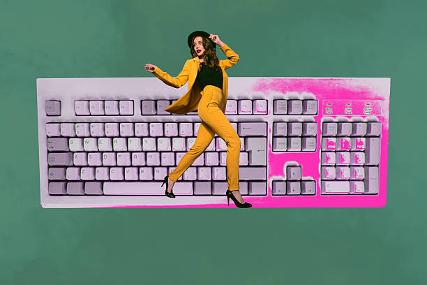 istock Collage of funny business person relax coffee retro computer keyboard keys text programming code in work concept 2244320876