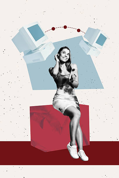istock Template sketch composite collage of young woman sit smile hold smartphone retro computer monitor device virtual remote office manager 2244322679