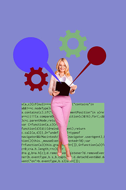 istock Collage of business man woman in front of abstract charts programming code symbolizing creative digital professions 2244322860