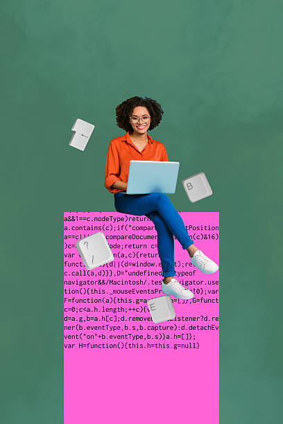 istock Collage of smiling young person with laptop surrounded by code keys text symbolizing freelancer writing creative profession 2244324772