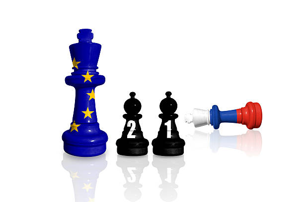 istock Europe Union sanctions and embargo for Russian war and aggression in Ukraine. Chess made from flags of EU and Russia. 21 sanctions package 2244325590